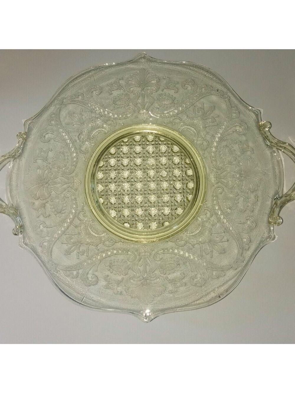 Lancaster Glass Cane Landrum Pattern Handled Plate Topaz Yellow Depression Glass